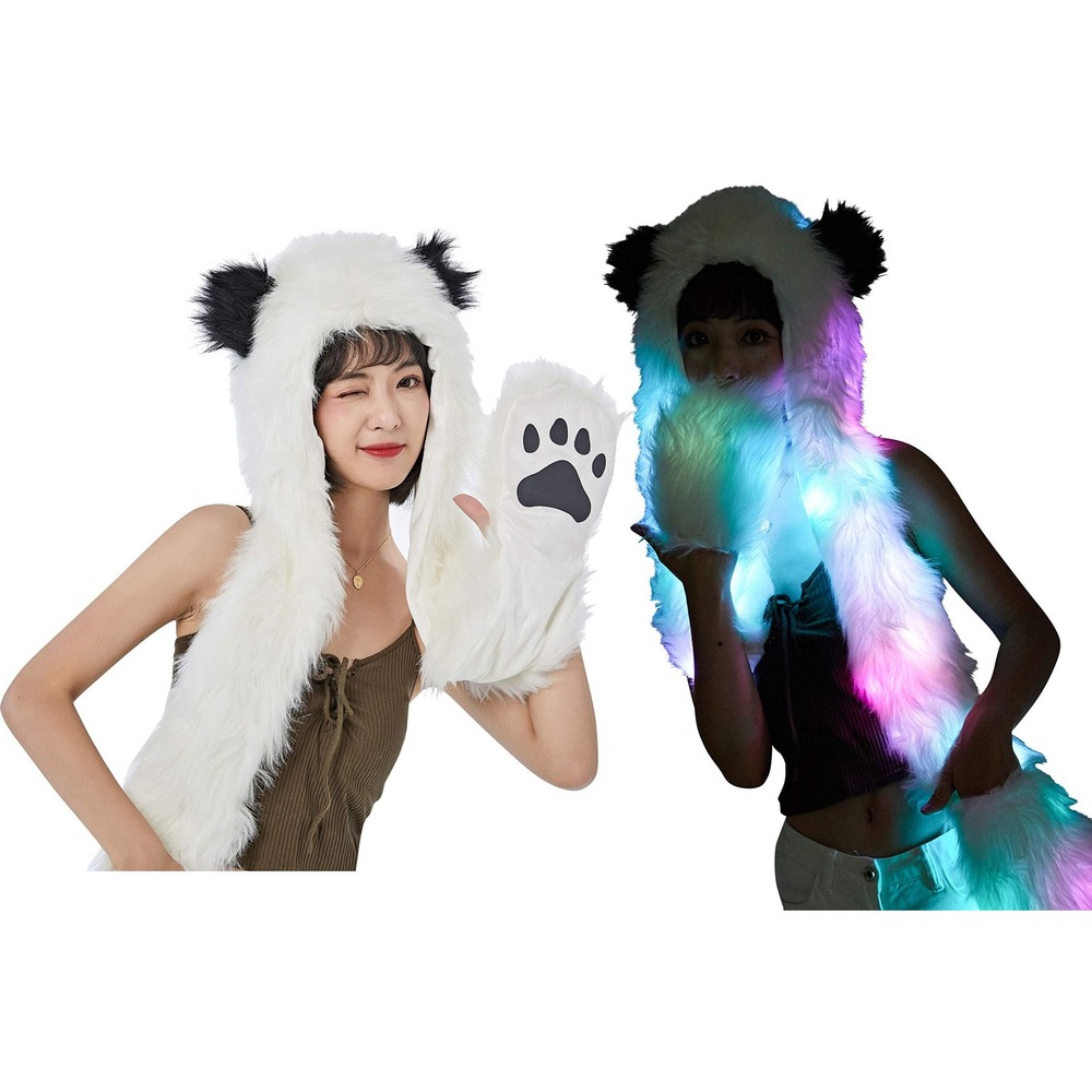 LED Light Up Panda Hat Scarf Gloves Faux Fur Spirit Hood w/ Paws Cosplay Costume